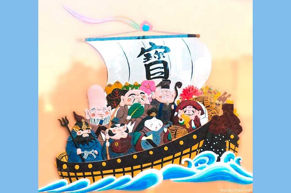 Hình ảnh đặc trưng của 7 vị thần may mắn trên con thuyền Takarabune (Thuyền báu vật)